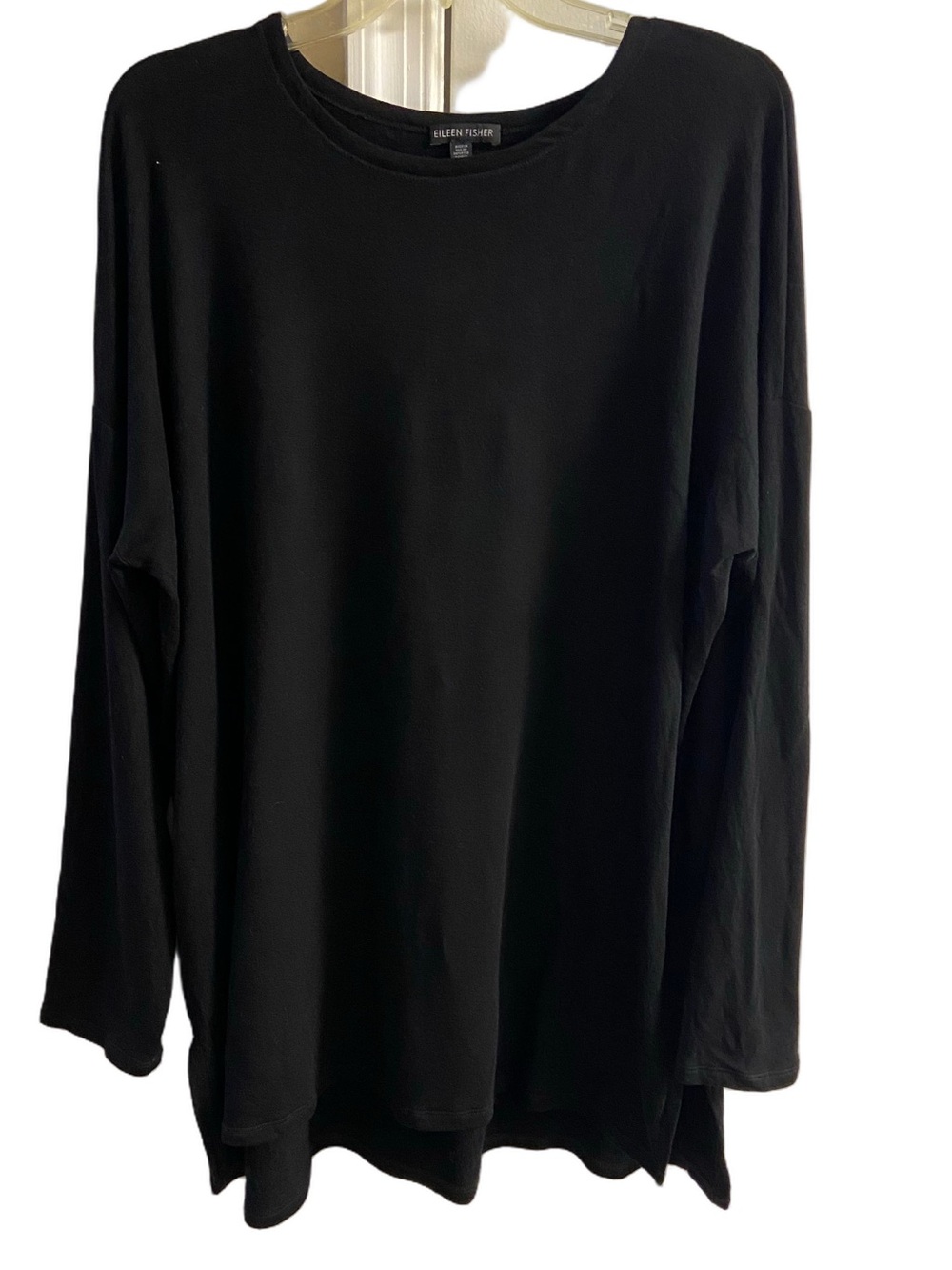 Eileen Fisher Black Long Sleeve Tunic Top Oversized Crew Neck Drop Shoulder XL